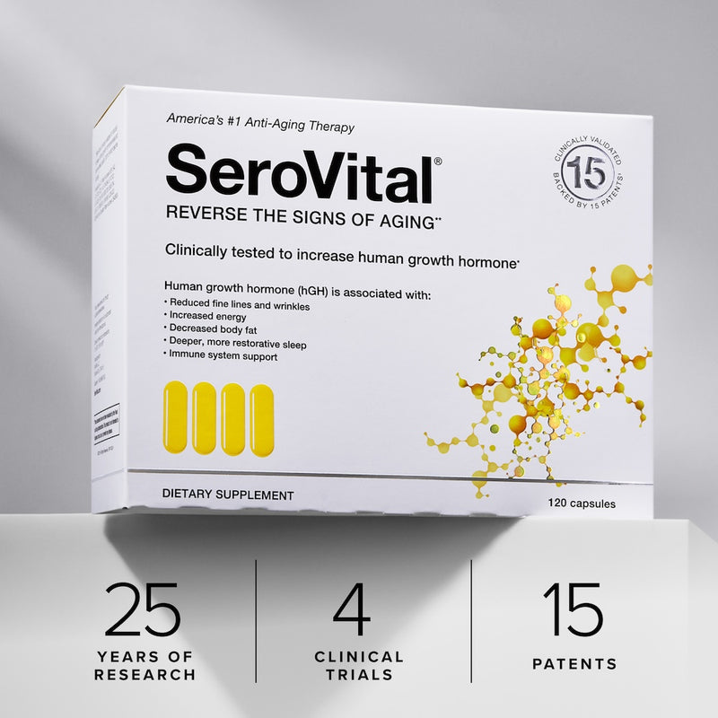 A box of anti-aging therapy SeroVital on a grey background, sitting on top of text that says 25 years of research, 4 clinical trials, 15 patents.