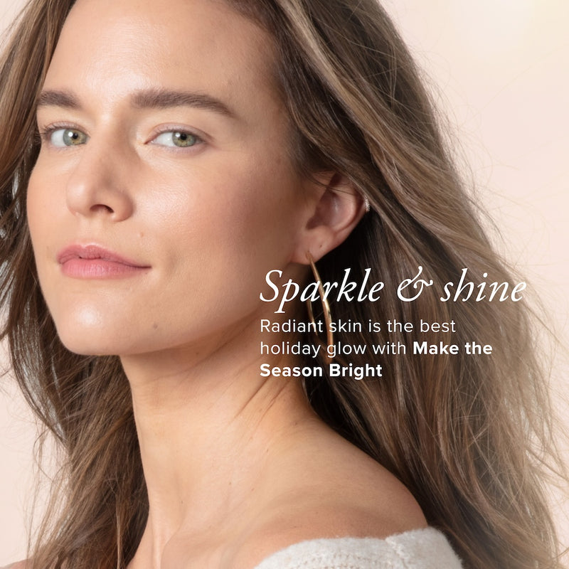 A gorgeous white woman with long, light brown hair and gold earrings looking into the camera with text that says Sparkle and shine, radiant skin is the best holiday glow with make the season bright