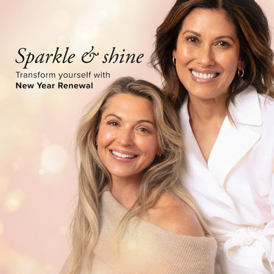 Two beautiful women with glowing skin, one white with blond hair and one latina with brown hair, smiling at the camera with text that says Sparkle and shine, transform yourself with New Year Renewal