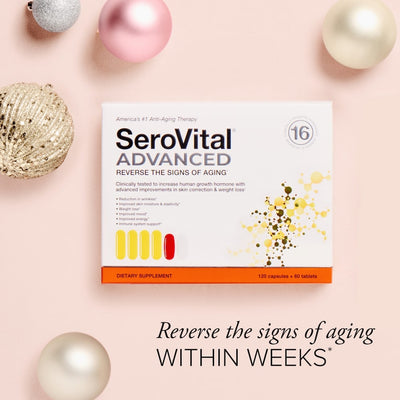 A box of anti-aging supplement SeroVital ADVANCED on a pink background with festive holiday ornaments and text that says Reverse the signs of aging within weeks