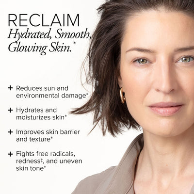 A beautiful white woman with glowing, youthful-looking skin next to text showing Skin Restore rduces sun and environmental damage and hydrates skin