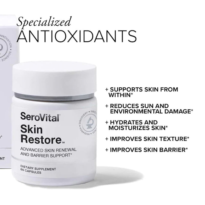 A bottle of Skin Restore on a white background with text showing the formula improves skin texture and supports skin from within