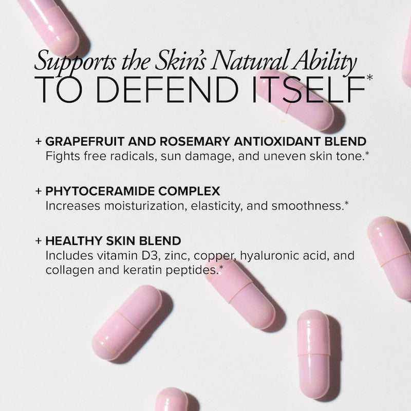 Pink Skin Restore capsules lying behind text that shows it has a grapefruit and rosemary antioxidant blend, a phytoceramide complex, and a healthy skin blend