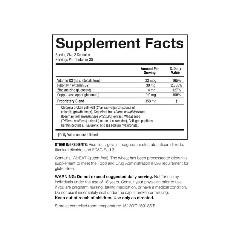 A supplement facts box showing the ingredients in Skin Restore