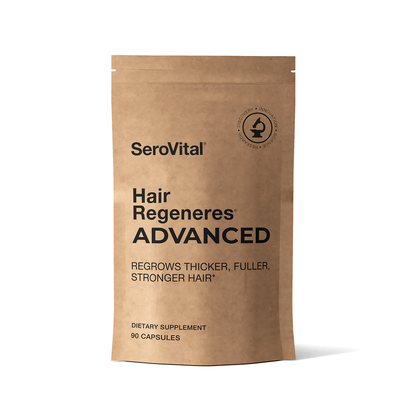 A brown refill packet of hair regrowth formula Hair Regeneres ADVANCED on a white background