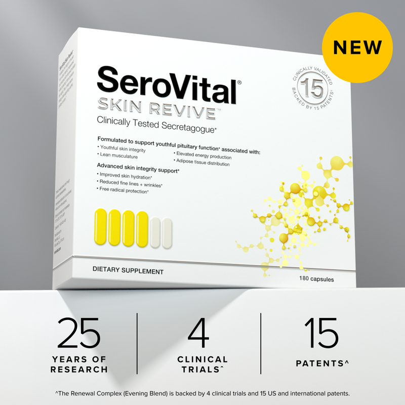 A box of healthy aging supplement Skin Revive on a grey background, sitting on a platform with text underneath that says 25 years of research, 4 clinical trials and 15 patents on the Renewal Complex