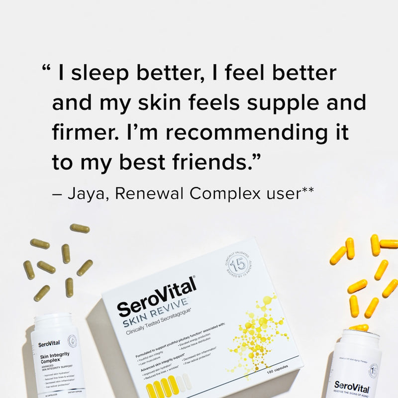 A box of anti-aging supplement Skin Revive next to an open bottle of the Renewal Complex and Skin Integrity Complex with capsules spilling out and a Renewal Complex customer review that says I sleep better, I feel better and my skin feels supple and firmer. I am recommending it to my best friends.