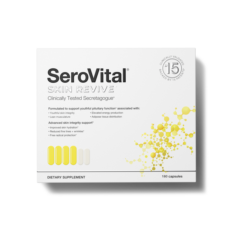 A box of healthy aging and skin improving supplement Skin Revive on a white background.