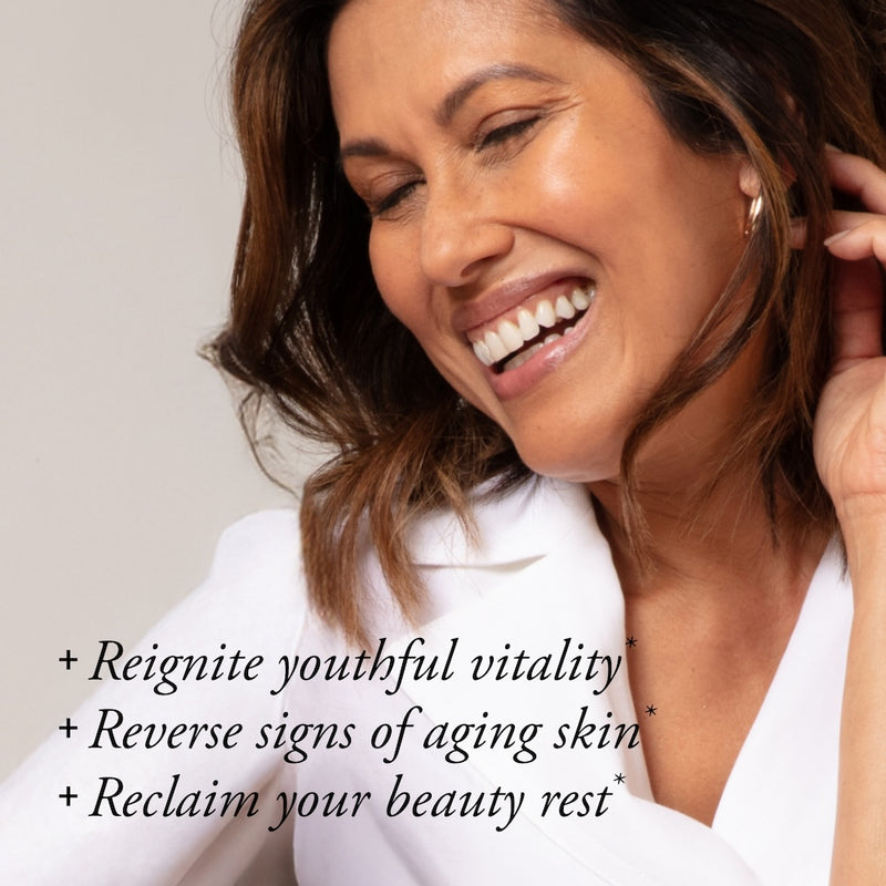 A beautiful Latina in a white blouse smiling as she looks to the side with text that says Reignite youthful vitality, reverse signs of aging skin, reclaim your beauty rest