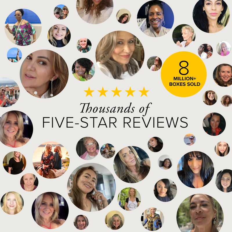 A large collection of different womens images inside circles with text that reads Thousands of five star reviews and 8 plus million boxes sold.