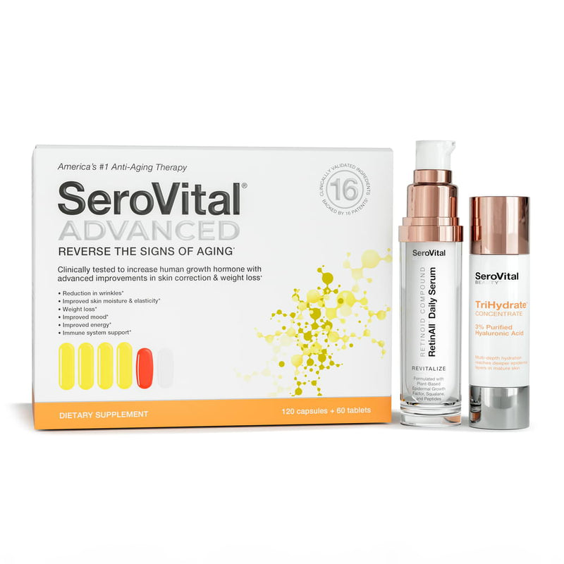 A box of beauty boosting SeroVital ADVANCED next to tubes of retinoid compound RetinAll Daily Serum and hyaluronic acid serum TriHydrate Concentrate