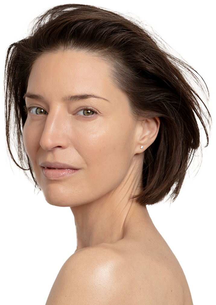 A white woman with short brown hair and bare shoulders looking into the camera next to text that says look and feel better, longer, with a cell icon, an icon of a woman sleeping on a pillow, and an icon highlighting a woman's eye wrinkles.