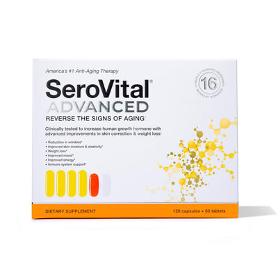 A box of SeroVital ADVANCED, clinically tested to boost HGH naturally and improve the skin