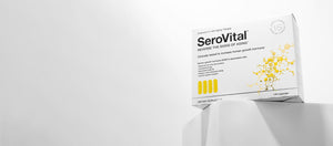 A box of HGH booster SeroVital original sitting on a white block against a white background